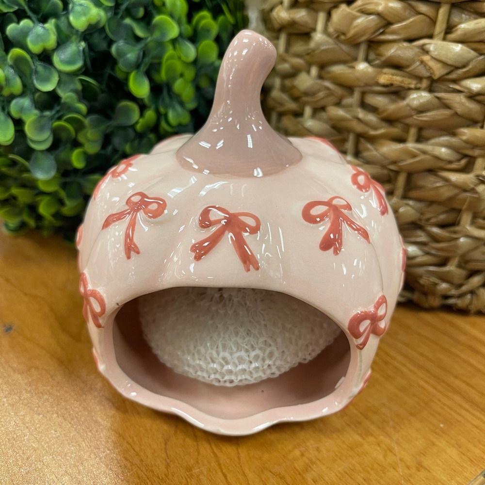 Pink Halloween Pumpkin Pink Bow Ceramic Sponge Holder/office Decor NWT